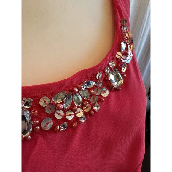 SLNY Dress Sz 12 Raspberry Pink Rhinestone Chiffon Tiered Sleeveless Sheath - Picture 7 of 11